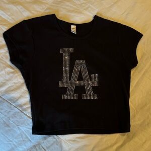 Los Angeles Apparel Black Crop Top with Rhinestone LA Design